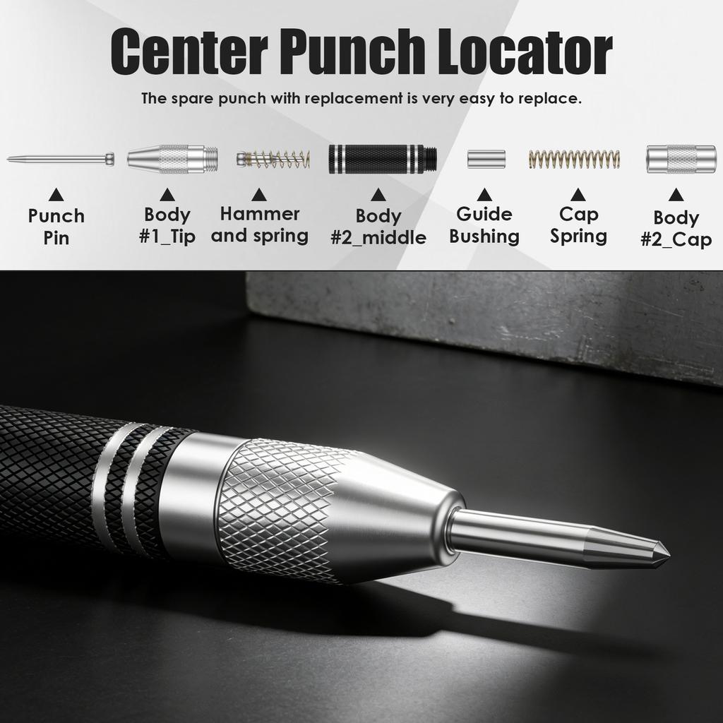 5inch Automatic Center Punch Premium Steel Spring Loaded Center Hole Punch, Adjustable Spring Impact Center Marker Scriber Tool