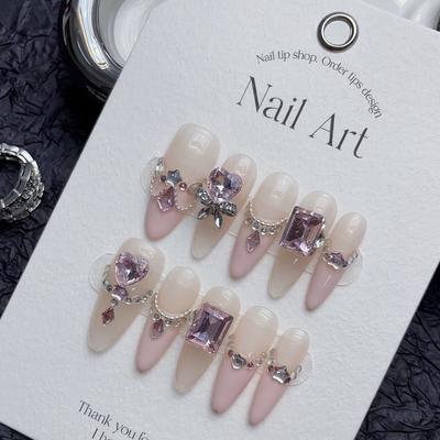100% HANDMADE Almond Stiletto Fake Nail Art Love Bubble French Angel Wedding Dress Alloy Chain Phototherapy Nails Reusable and Removable Nails