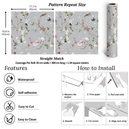 VEELIKE Floral Wallpaper Stickers, Japanese Style, Plum Blossoms and Butterflies, Gray, Remake Sheet, Cutting Sheet, Renovation, Interior Decor, Wallp