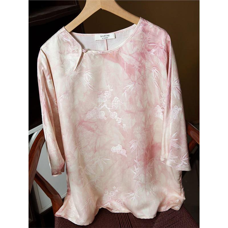 

2024 Women s Tie-Dye Mulberry Silk Jacquard Top - Chinese Style Floral Seven-Sleeve Shirt Medium