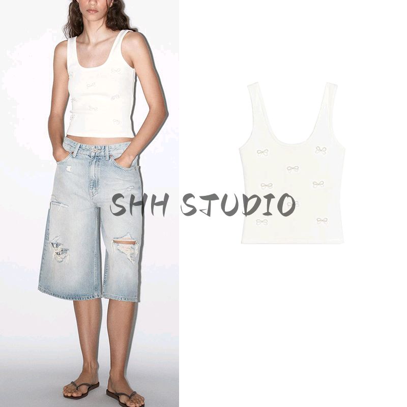 Summer New Product Women's Clothes Rib Trim Artificial Pearls and Rhinestones Bowknot Decoration T-shirt Tops 6050355