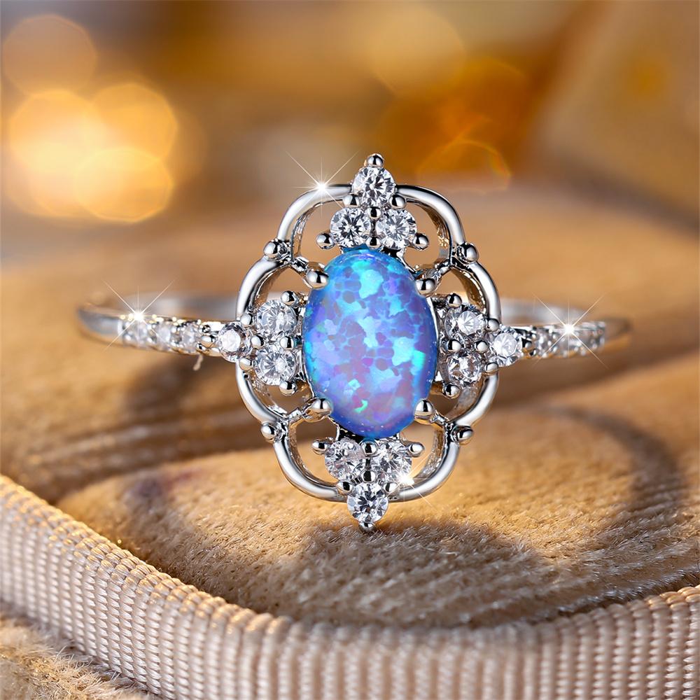 Dainty Oval Stone White Blue Opal Engagement Rings For Women Vintage Fashion Silver Color Wedding Band  Mother's Day Gift
