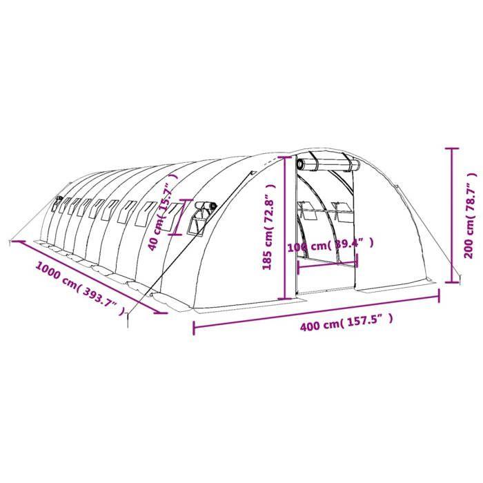 VidaXL Serre avec cadre en acier vert 40 m² 10x4x2 m, polytunnel, serre à cadre froid, serre pour tomate, serre de jardin, 3188064