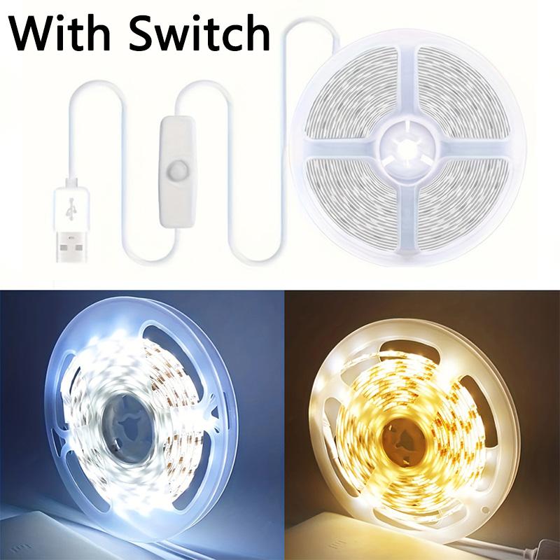 5V USB LED Strip Light with Button Switch – White/Warm White SMD2835 Tape, Cuttable & Adhesive for TV Backlight Cabinet Home Decor