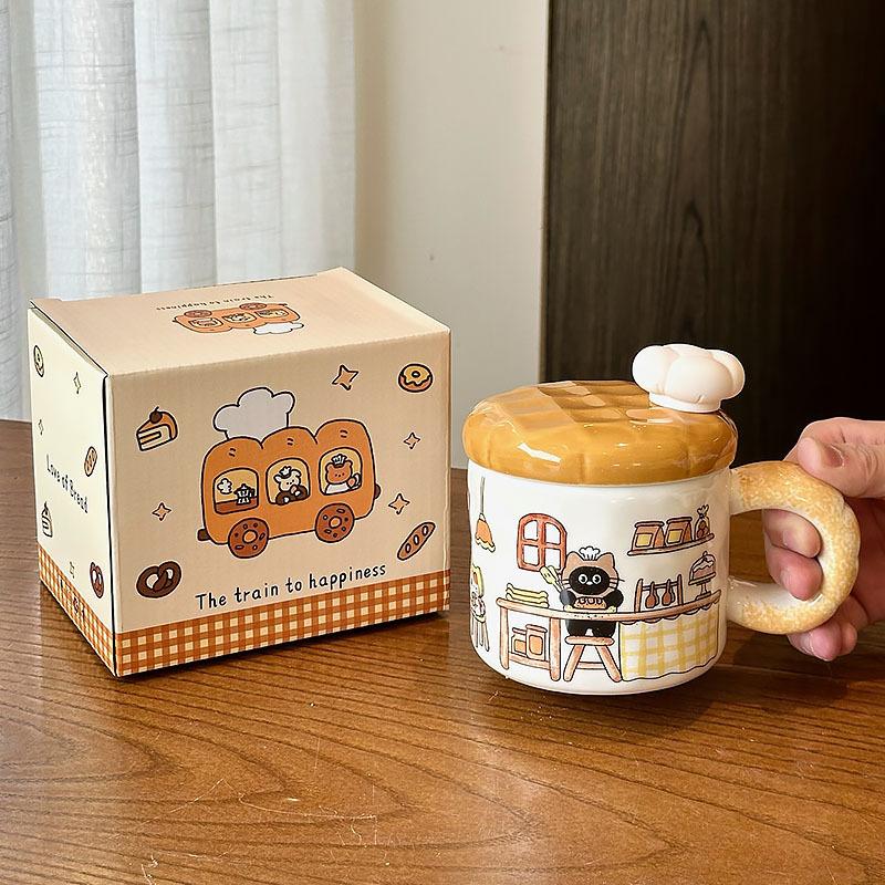 Creative Bread Cat Ceramic Mug, High Beauty Coffee Mugs with Lid, Home Drinking Tea Cup, Christmas Birthday Gift Kawaii Cup