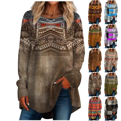 Damen Casual Plus Size Langarm Rundhals Retro Druck T-Shirt Top Pullover