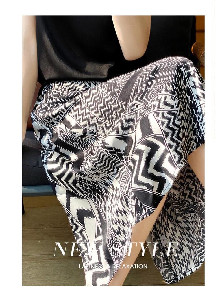 Women's High-Waist Silk A-Line Mid-Length Satin Skirt with Print