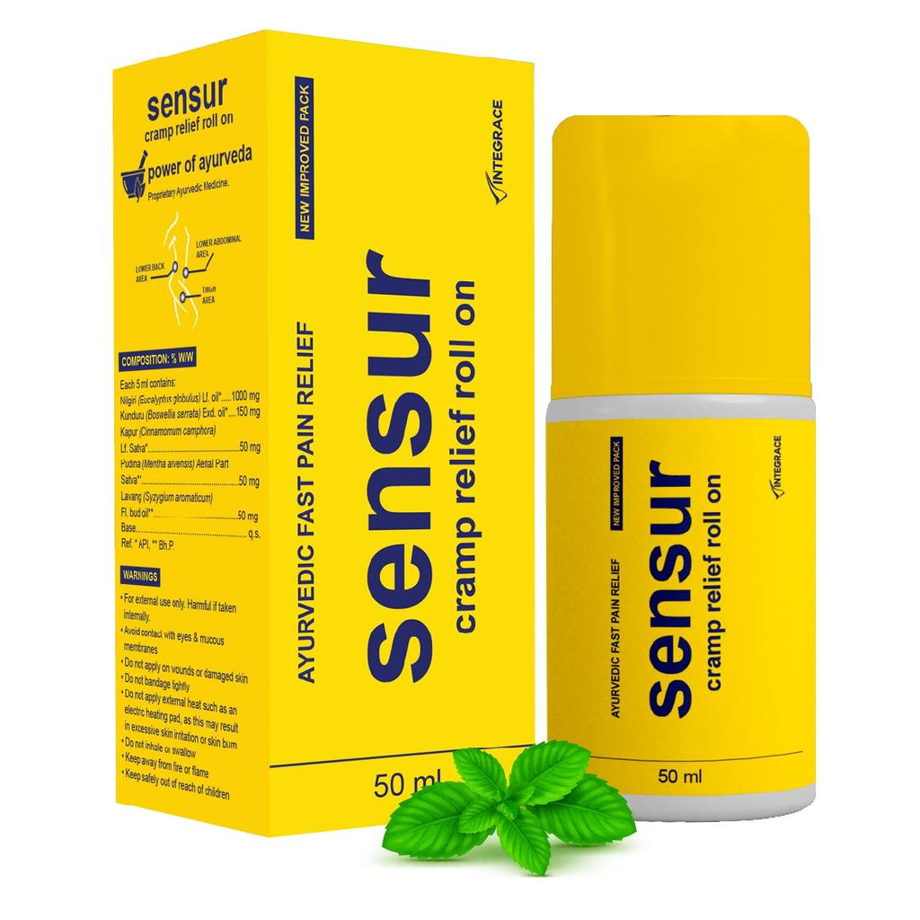 Sensur Ayurvedic Cramp Relief Roll On - 50ml (Pack of 1) | Fast & Safe Relief from Period Pain In Abdomen, Back & Thighs | Nilgiri, Kapur, Pudina