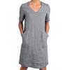 Women's Cotton Linen Shirt Dress Summer Short Sleeve V Neck Midi Dress Casual Shift Dress with Pockets