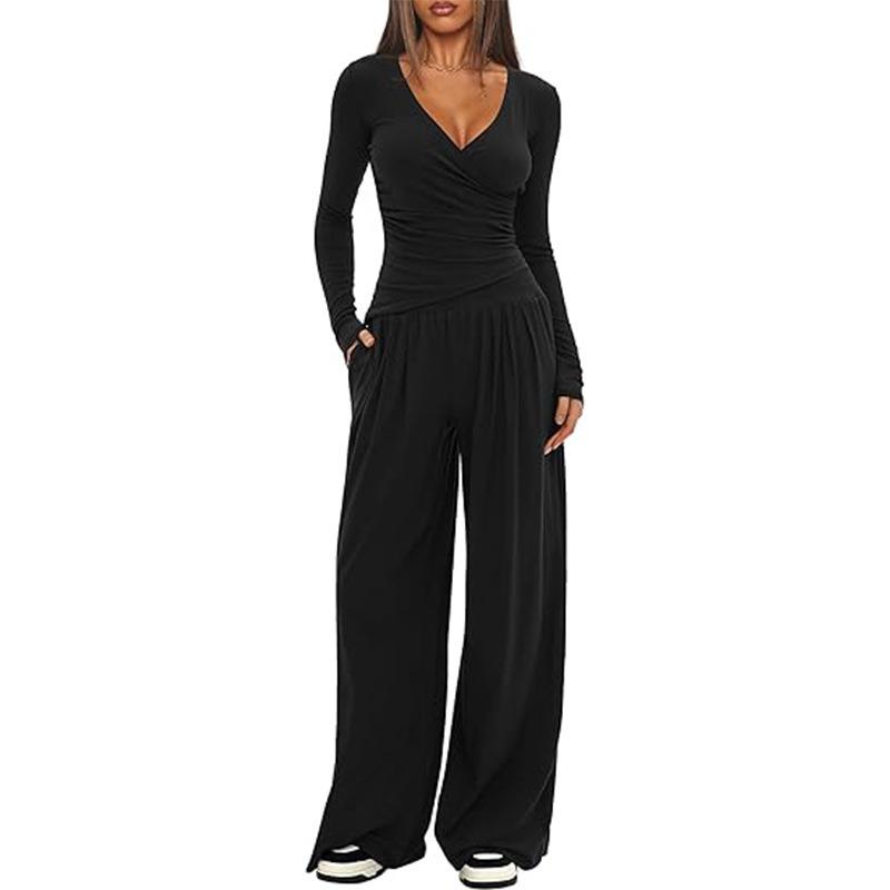 Solid Color V-Neck Knit 2-Piece Set: Long Sleeve Top & Wide Leg Pants