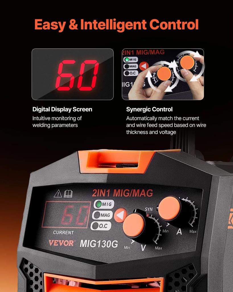 VEVOR MIG Welder, 130A Synergic Mig Welding Machine, 2-in-1 Gas MIG/Gasless Flux Core MIG Multi-Process Welder Machine