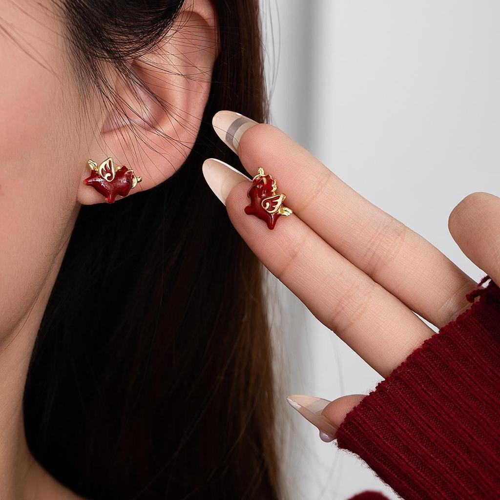 Year of the Horse 925 Sterling Silver Diamond Enamel Stud Earrings with Pearls - Retro High-End Design