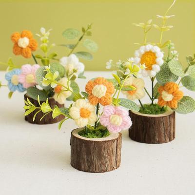 Handmade Crochet Flowers Potted Ornament Car Center Console Decor Cartoon Knitting Flowers Potted DIY Decoration Accessories