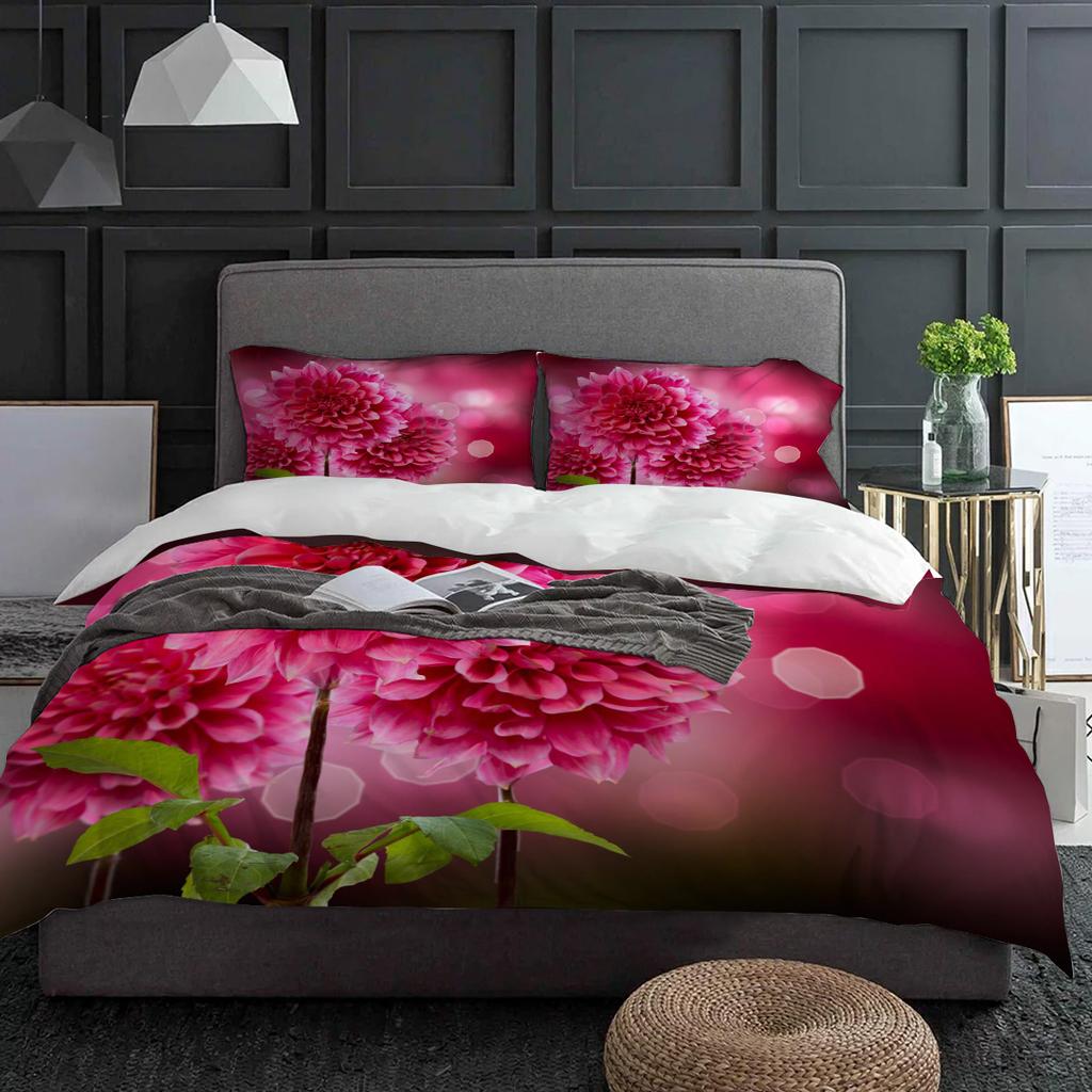 Red Flowers Leaves Plant Bedding Set 3pcs Boys Girls Duvet Cover Pillowcase Kids Adult Quilt Cover Double Bed Set Home Textile