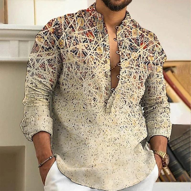 Men Tribal Print Long Sleeve Henley Shirt With Stand Collar Casual Summer Top S