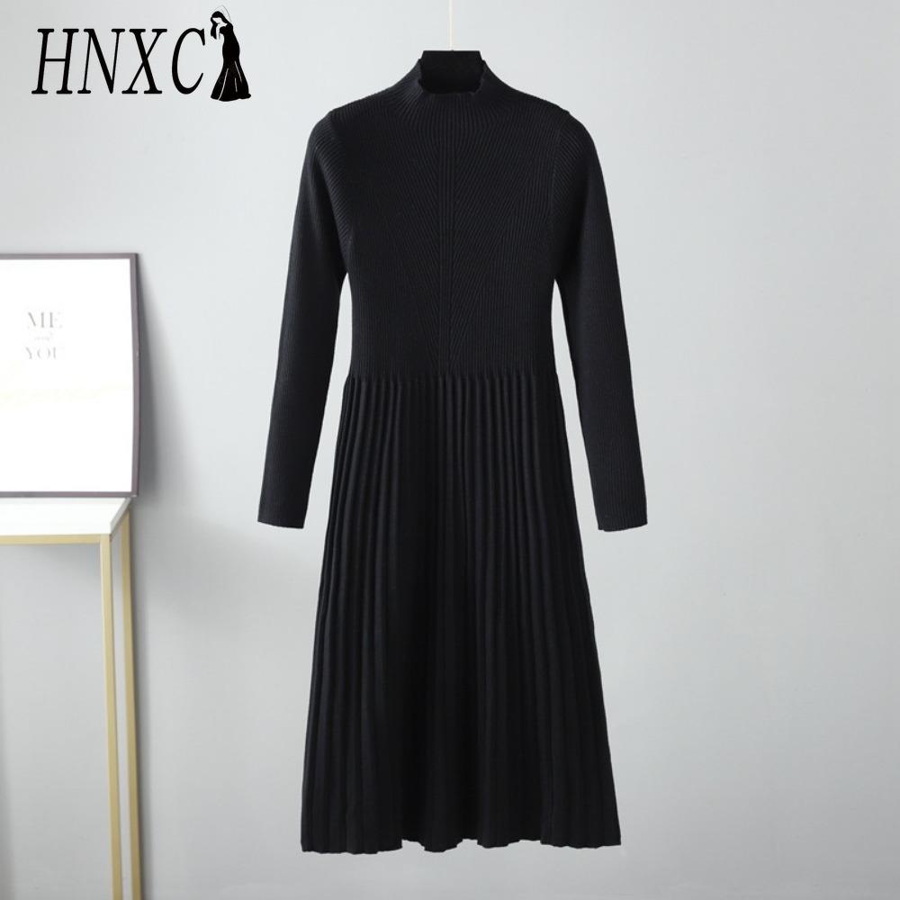 HNXC Women's Autumn Winter Plain Knitted Turtleneck Long Sleeve High Waist Sweater Dress