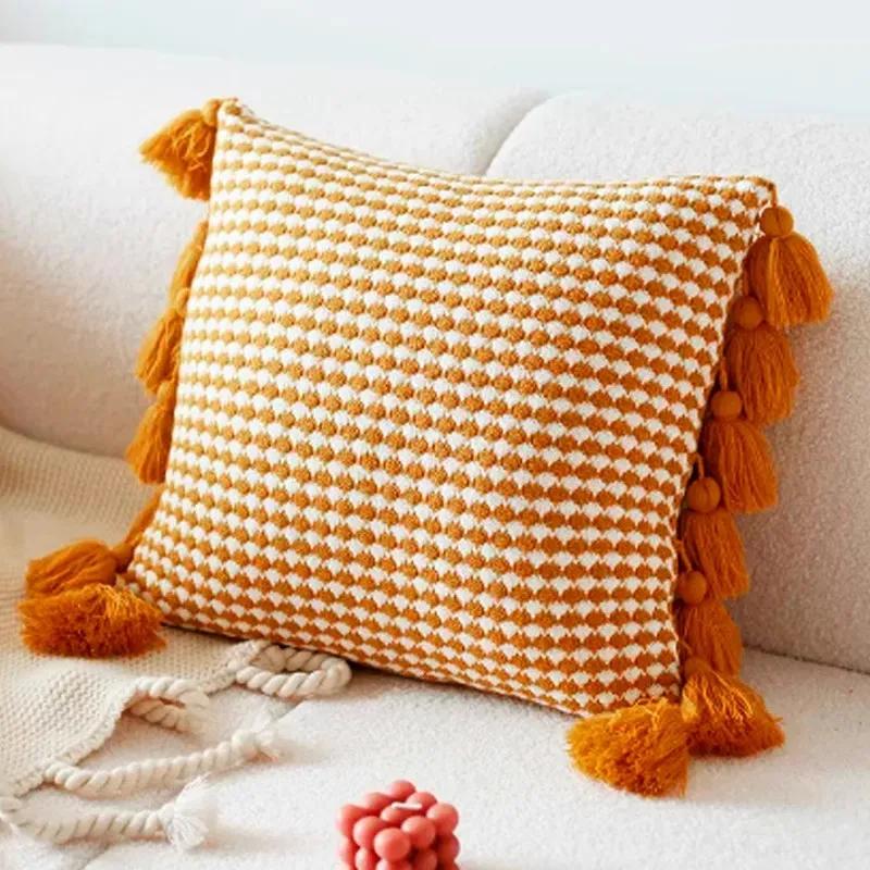 Home Decoration Knitting Cushion Cover Mint Green Tassel Pillowcover Modern Sofa Living Room Waist Pillow Bed Head Round Pillow