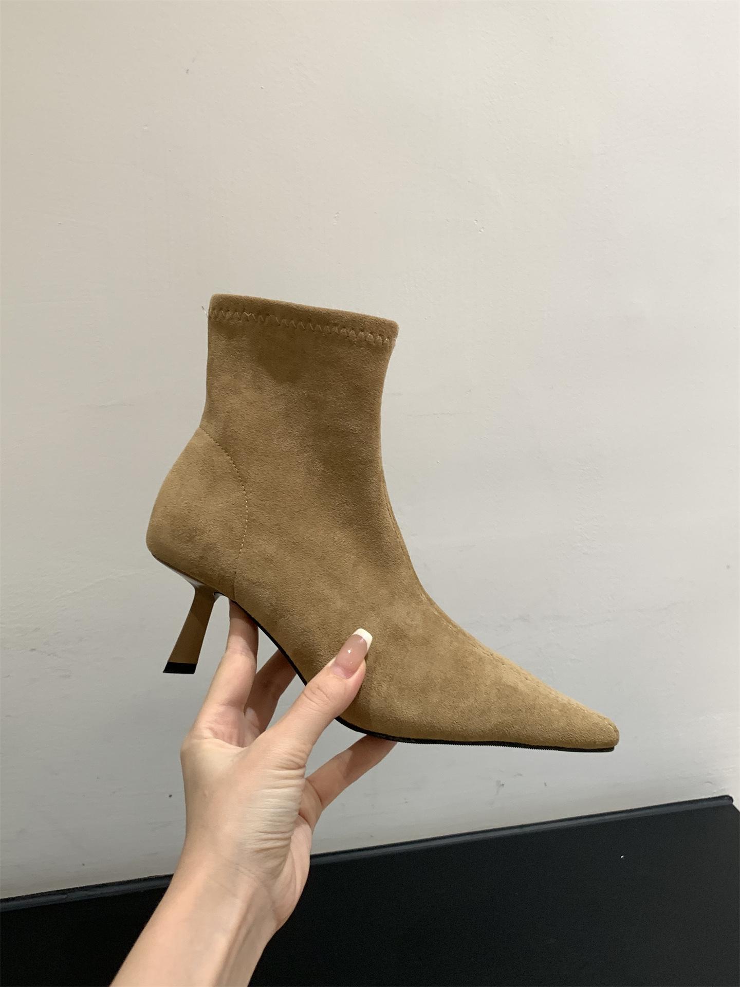 

Khaki suede high-heeled thin boots women s shoes 2025 spring and autumn single boots with skirt pointed French short boots 35