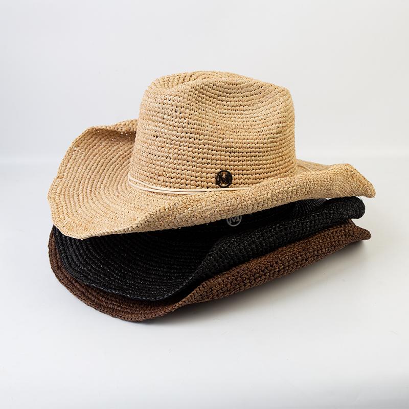 Handgehäkelter Western-Cowboyhut aus natürlichem Raffiastroh für Damen Herren Sommer Breiter Rand Sonnenhut Outdoor Atmungsaktiv Strand Panama