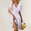 Damen Sommerkleid Locker Strandurlaub Lässig Tiefer V-Ausschnitt Kleid Kurzarm Elegant Hemdkleid