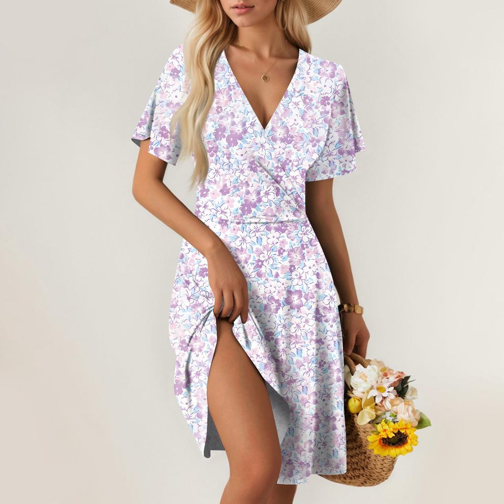 Damen Sommerkleid Locker Strandurlaub Lässig Tiefer V-Ausschnitt Kleid Kurzarm Elegant Hemdkleid
