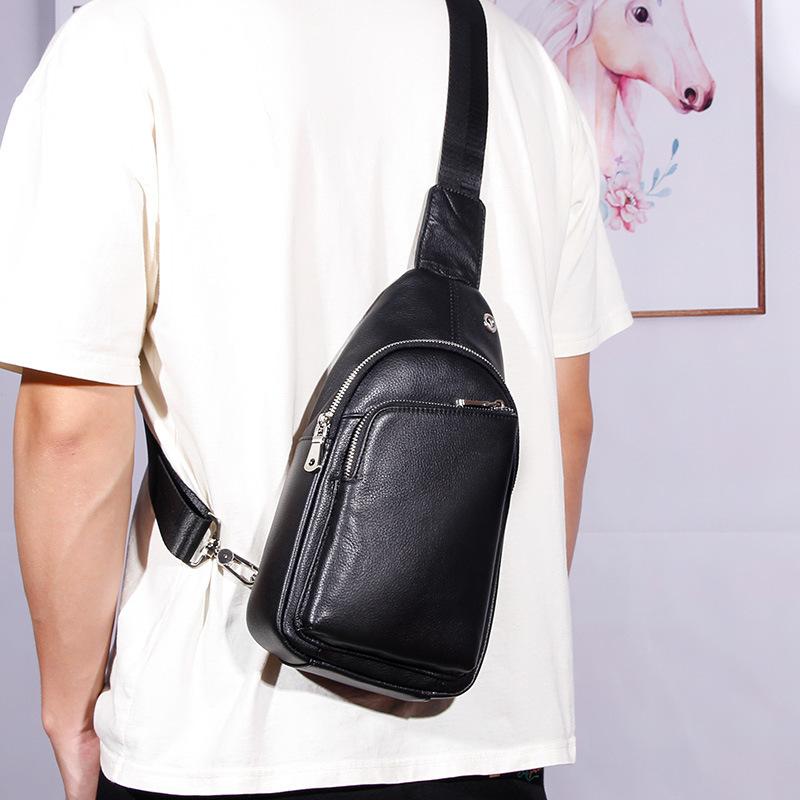 Men's Leather Backpack, Sports Shoulder Bag, Crossbody Bag, Outdoor Top Layer Cowhide Chest Bag, Men's Large Capacity Waterproof Bag