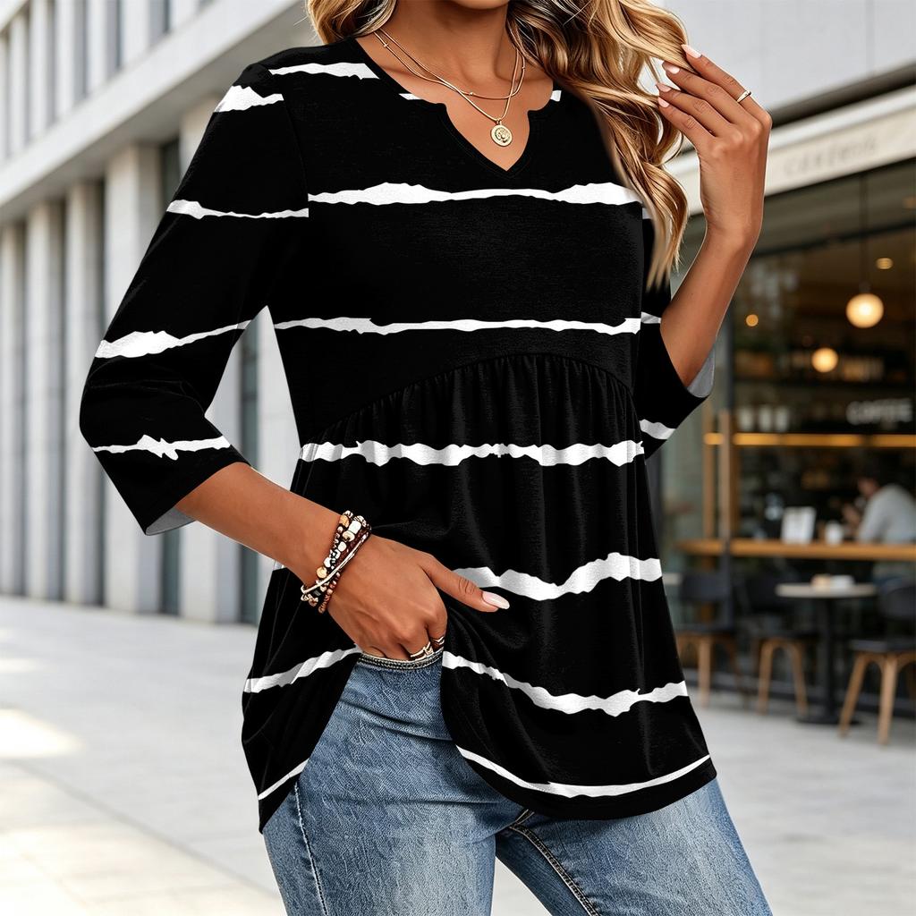 Women's Casual Striped Print V-Neck Three-Quarter Sleeve Blouse