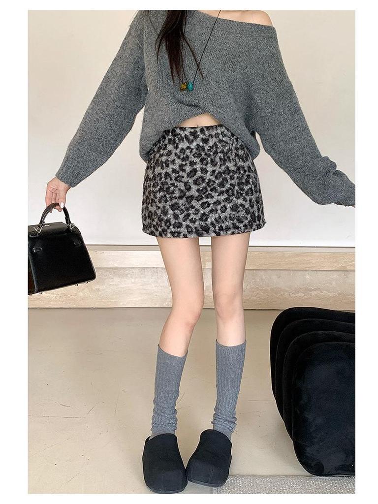 Autumn/Winter Leopard Print A-line High Waist Midi Skirt - Grey/Coffee