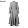 ZANZEA Women Stand Collar Long Sleeve Casual Full Flared Dress