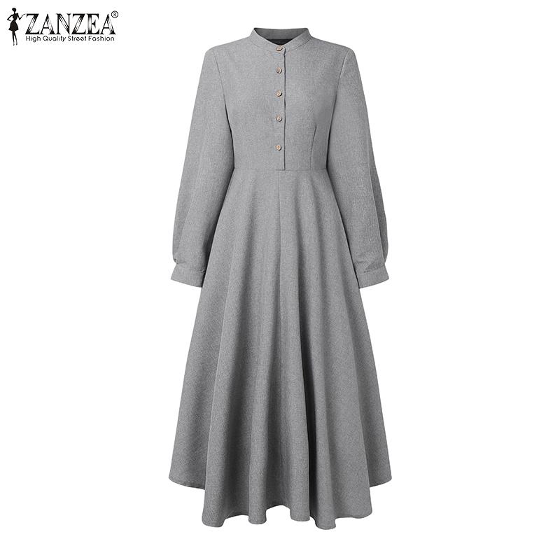 ZANZEA Women Stand Collar Long Sleeve Casual Full Flared Dress