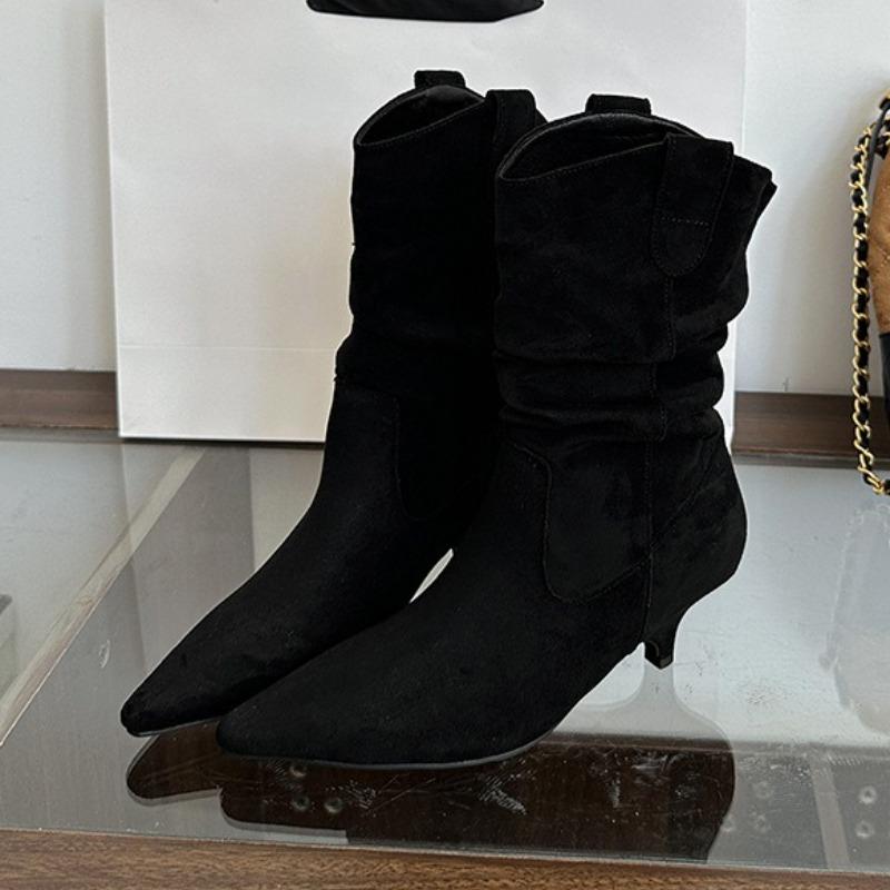

Модные Высококачественные Ботильоны из Искусственной Замши на Каблуке-Рюмочке Женские Модные Ботинки Дизайнерские Ботинки с Острым Носком и Плиссировкой Удобные Современные Ботинки 35 чёрный