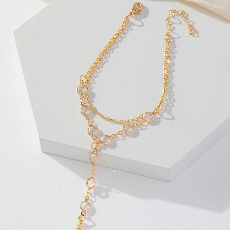 Fashion Multilayer Rhinestone Beaded Bracelet Ring for Women Light Luxury Metal Finger Chain Party Jewelry Accessories Gifts