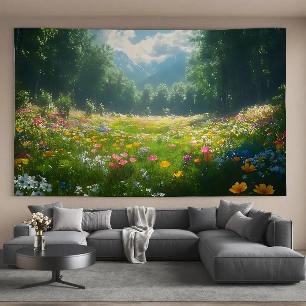 Flower Field Tapestry Wall Hanging Tapestry Art Deco Style Blanket Curtain Home Bedroom Living Room Decoration