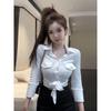 Plus-Size Elegant White Lapel Shirt for Women - Slimming Waist-Cinched Autumn Top