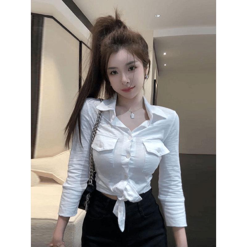 Plus-Size Elegant White Lapel Shirt for Women - Slimming Waist-Cinched Autumn Top