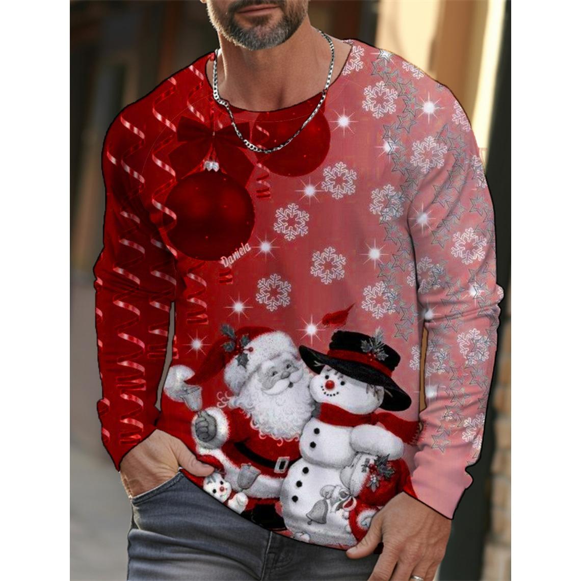 ETST0011 Heren Kerst Sneeuwvlok Print Lange Mouw T-shirt Kerst Cartoon Patroon Sport Casual Schattig Polyester Ronde Hals Lange Mouw 2XL
