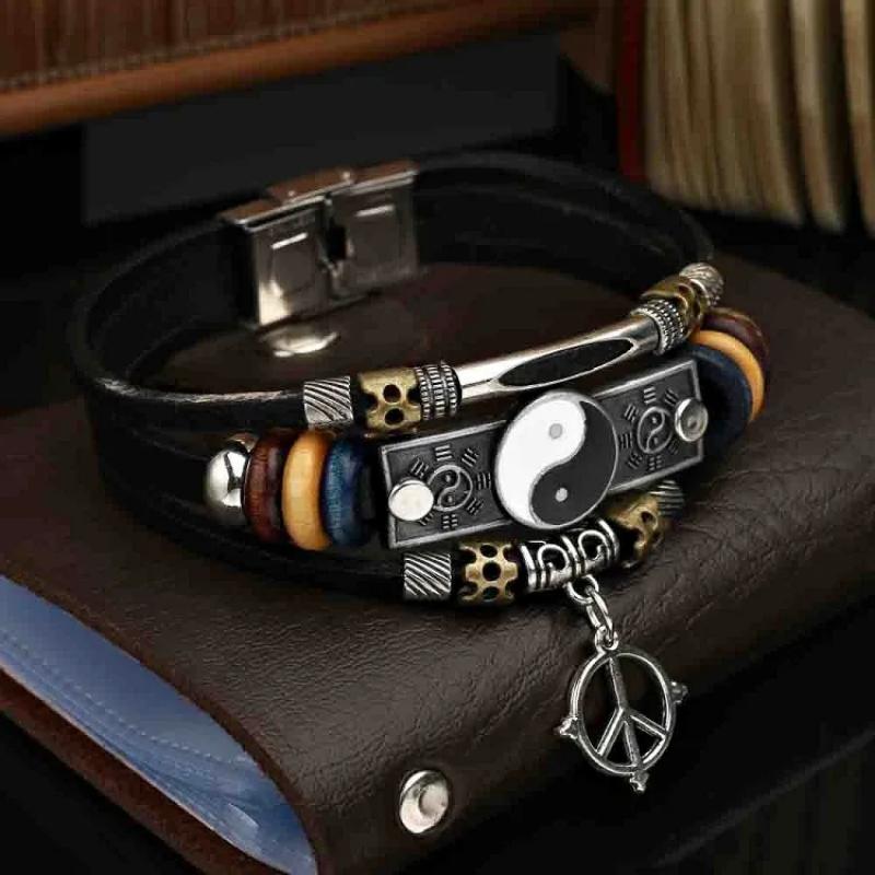 Tai Chi Bagua Retro Leather Bracelet Multi-layer Beaded Bracelet for Men