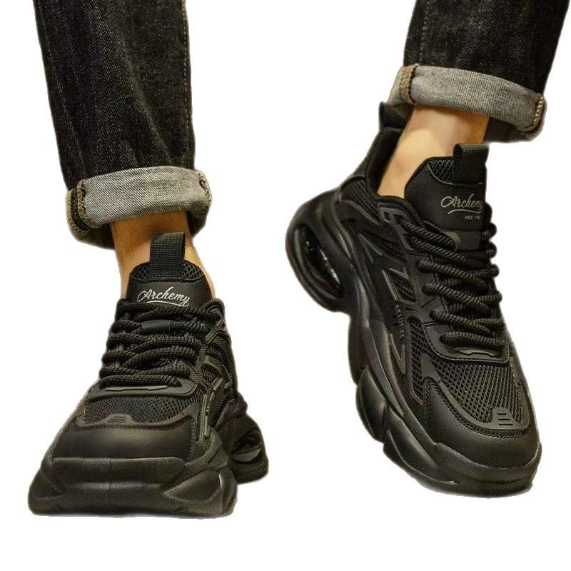 Herrenschuhe Sommer neu rein schwarz dicksohlige Luftpolster atmungsaktives Mesh Sportschuhe vielseitige Freizeitschuhe