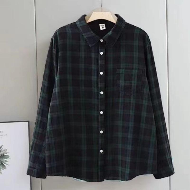 

Рубашка с длинными рукавами из двухслойной хлопковой ткани весна-осень, женская, высококачественная, клетчатая, свободного кроя, утягивающая, против старения XL