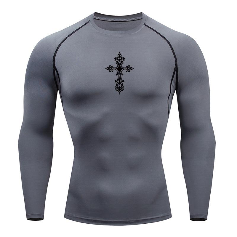Cross Print Compression Shirts for Men Athletic Quick Dry Tshirt Tees Tops Gym Workout Running Rash Guard Baselayers Undershirts