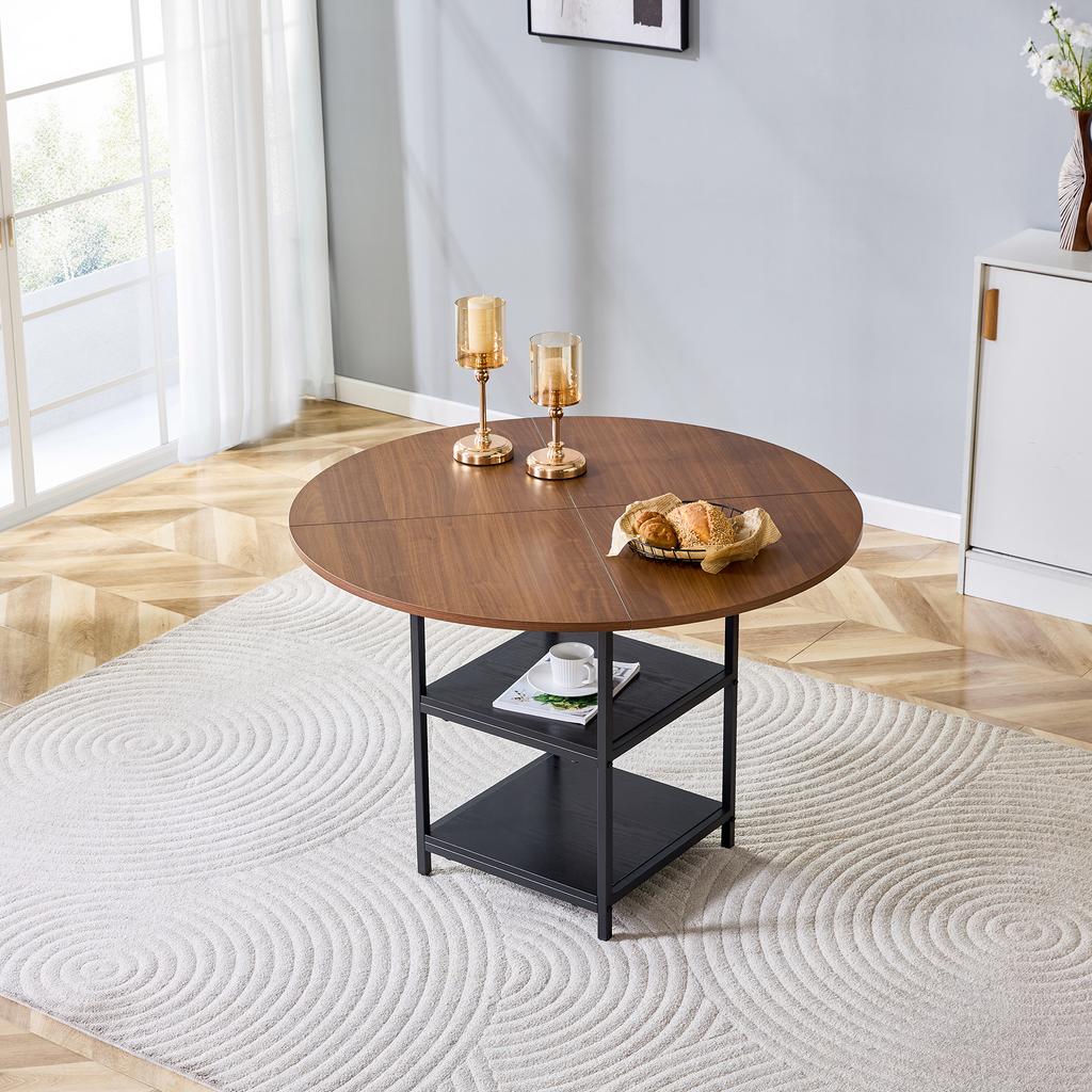 Round Dining Table with 107 Cm Diameter and Double Shelf In Walnut Look, MDF Top + Metal Frame, Suitable for 2–4 People, for European Family Meals.