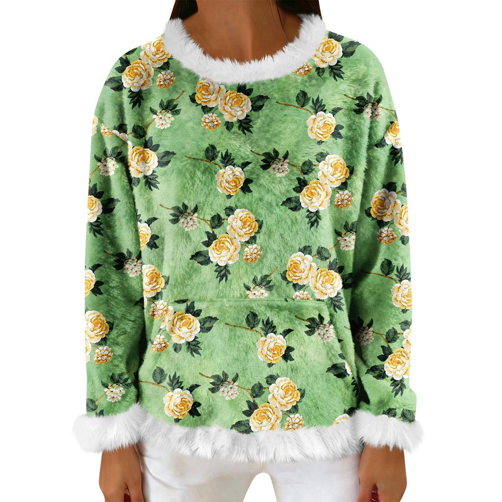 Women's Casual Fleece Sweatshirt  Long-Sleeve Round  Neck Casual Comfortable Loose-Fit Lightweight Women's Flannel Sweatshirt