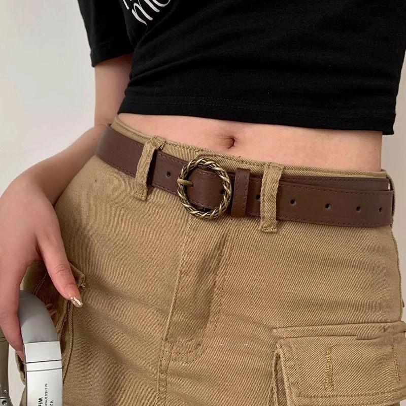 Black And Elegant Brown Pu Belts For Women With Decorative Round Buckles Stock In