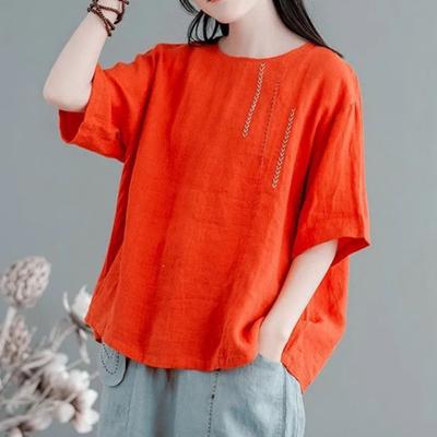 Damen Sommer Baumwoll Leinen Pullover T-Shirt Weiche Atmungsaktive Kurzarm O Hals Bestickte Bluse