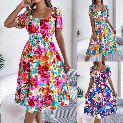 New Women's Floral Print Square Neck Dress, Short Sleeve A-Line Midi Dress with Ruffle Hem & Tie Waist for Spring Summer Casual Party & Daily Wear