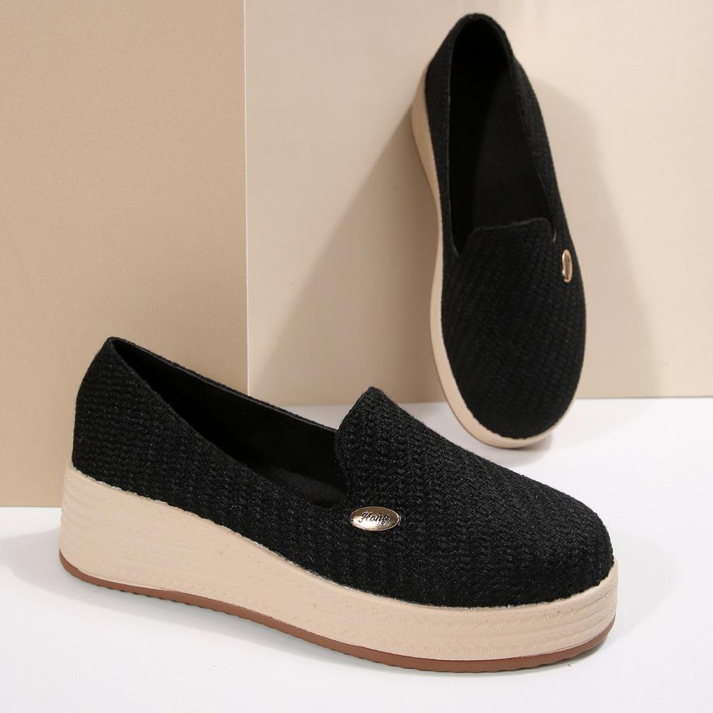 Autumn new cloth platform onepedal slope heel single shoes large size muffin woven loafers women