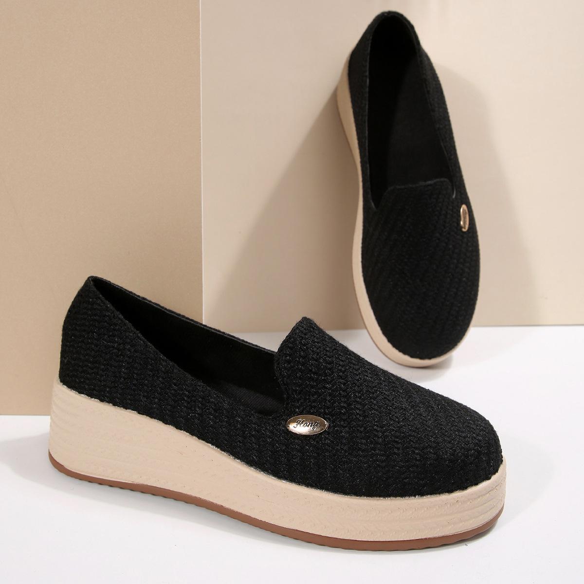 

Autumn new cloth platform onepedal slope heel single shoes large size muffin woven loafers women 43 чорний