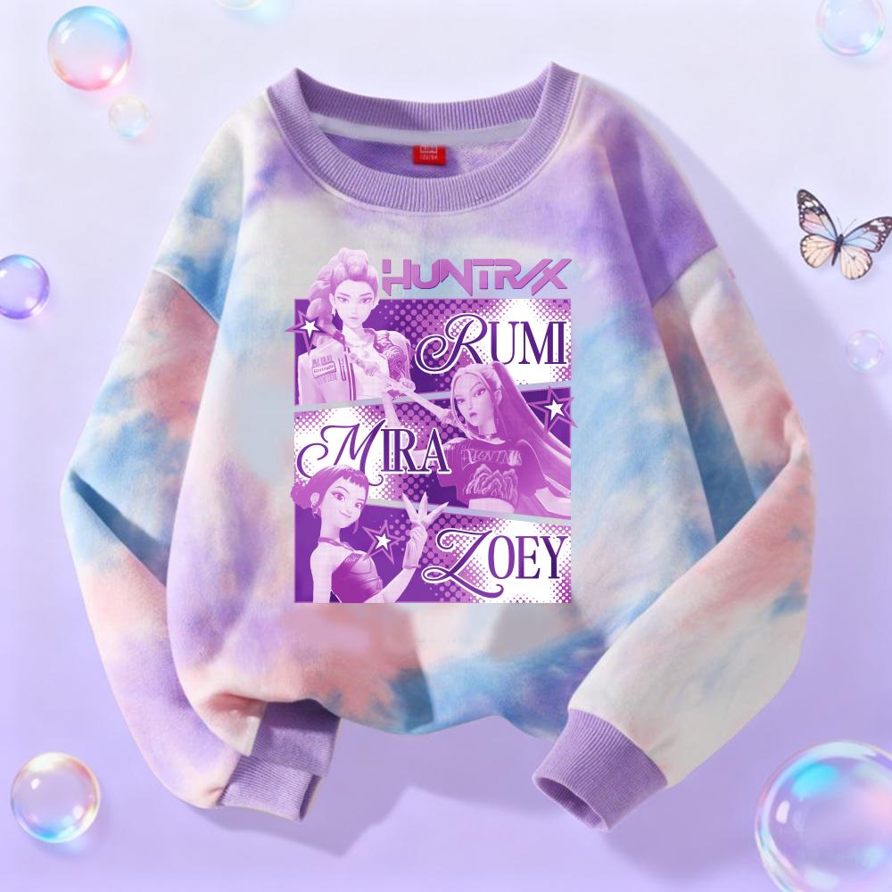 KPop Demon Hunters Long Sleeve Girls Trend Leisure Tops Anime Cartoon Spring Autumn Clothes Tie-dye Versatile Sweatshirt
