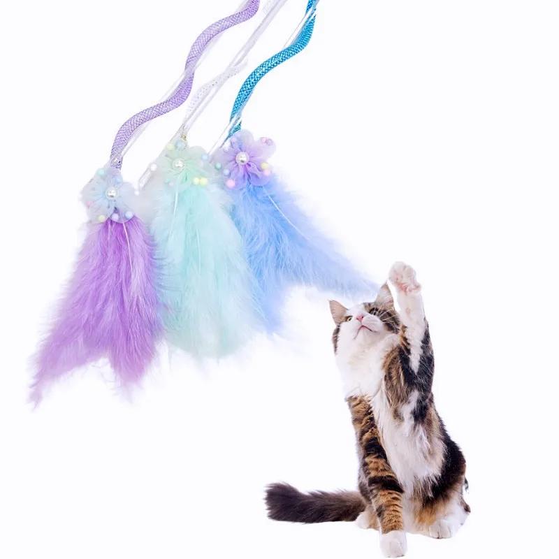 Cat Toy Feather Cats Teaser Elastic Mesh Tassel Cat Toys Interactive Feather Toys for Cats Stick Teaser with Bell Pet Products