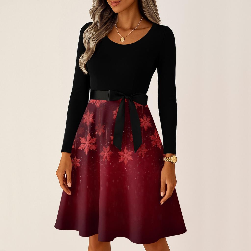 Kadın Günlük Moda Uzun Kollu Noel Grafik Baskılı Vintage Uzun Elbiseler